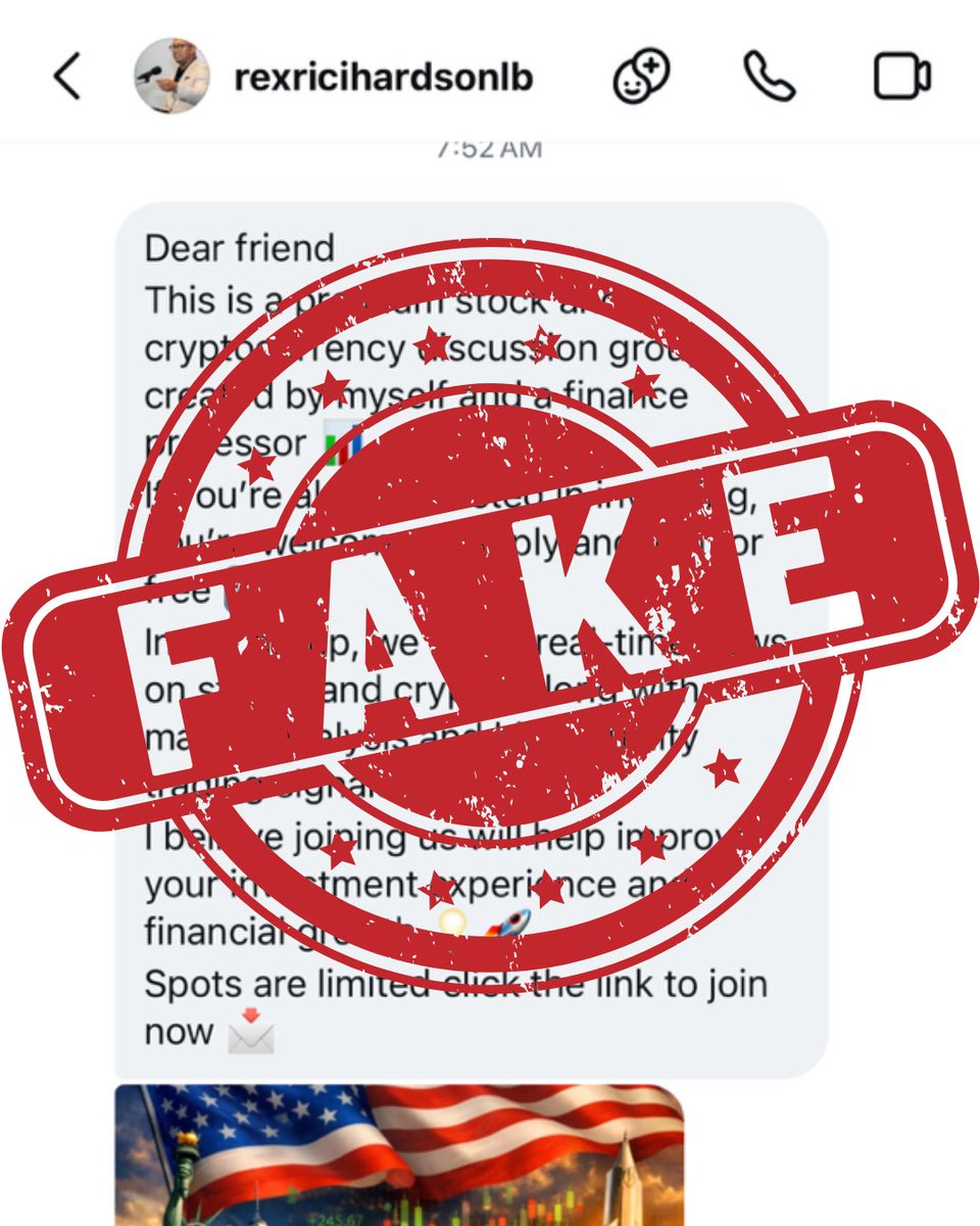 LongBeachMayor's tweet photo. We’ve been made aware of a fake Instagram account impersonating Mayor Rex Richardson and sending messages asking for cryptocurrency investments and personal information.
This is a scam. The Mayor and the City of Long Beach will never request money, crypto, or sensitive information through direct messages.
Do not engage, do not share information, and report the account to Instagram immediately.
We have reported the account and are contacting Meta regarding the issue.