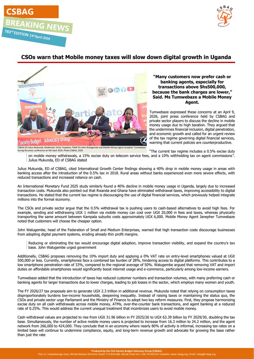 CSBAGUGANDA's tweet photo. CSOs propose tax withdrawal to 0.25% across all channels and warn that high fees will push Ugandans to cash, hurt small businesses and cost jobs especially for women and youth.

Please tap this link to learn more: https://t.co/oqLY2itWo7

#UgTaxBills26 #DigitalTaxUG26 @mofpedU @ACODE_Uganda @fsme_uganda @IMFAfrica @SEATINIUGANDA @GovUganda
@JuliusMukunda