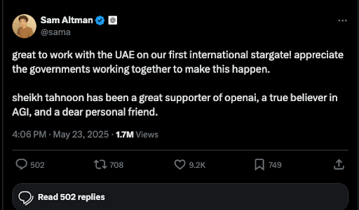 RonanFarrow's tweet photo. 6/9 OpenAI also sought investment from the United Arab Emirates, where Altman built a relationship with Sheikh Tahnoon bin Zayed al-Nahyan—the nation's spymaster—and separately pitched Emirati investors on a massive AI infrastructure buildout, some of it situated in the Middle East.
