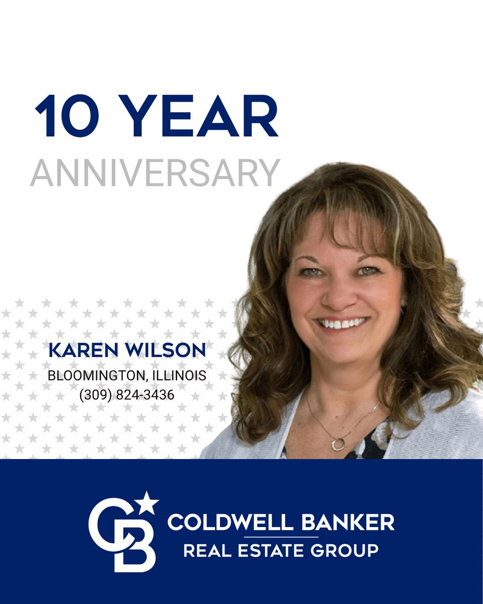 Today we congratulate real estate agent, Karen Wilson, of the Bloomington, Illinois office for her 10 years with our company. We are so proud to have Karen as part of the Coldwell Banker Real Estate Group family. #TheBestWearBlue