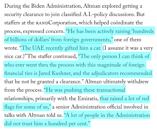 RonanFarrow's tweet photo. 7/9 A senior Biden administration official told us Altman's relationships with the Emiratis "raised a lot of red flags for some of us" and that "a lot of people in the Administration did not trust him a hundred per cent." Officials were concerned the UAE—which has reportedly leaked American technology to China—could commandeer a US-owned data center to build disproportionately powerful AI.