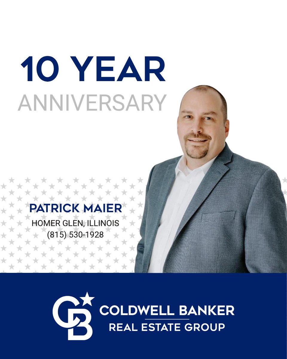 Today we congratulate real estate agent, Patrick Maier, of the Homer Glen, Illinois office for his 10 years with our company. We are so proud to have Patrick as part of the Coldwell Banker Real Estate Group family. #TheBestWearBlue