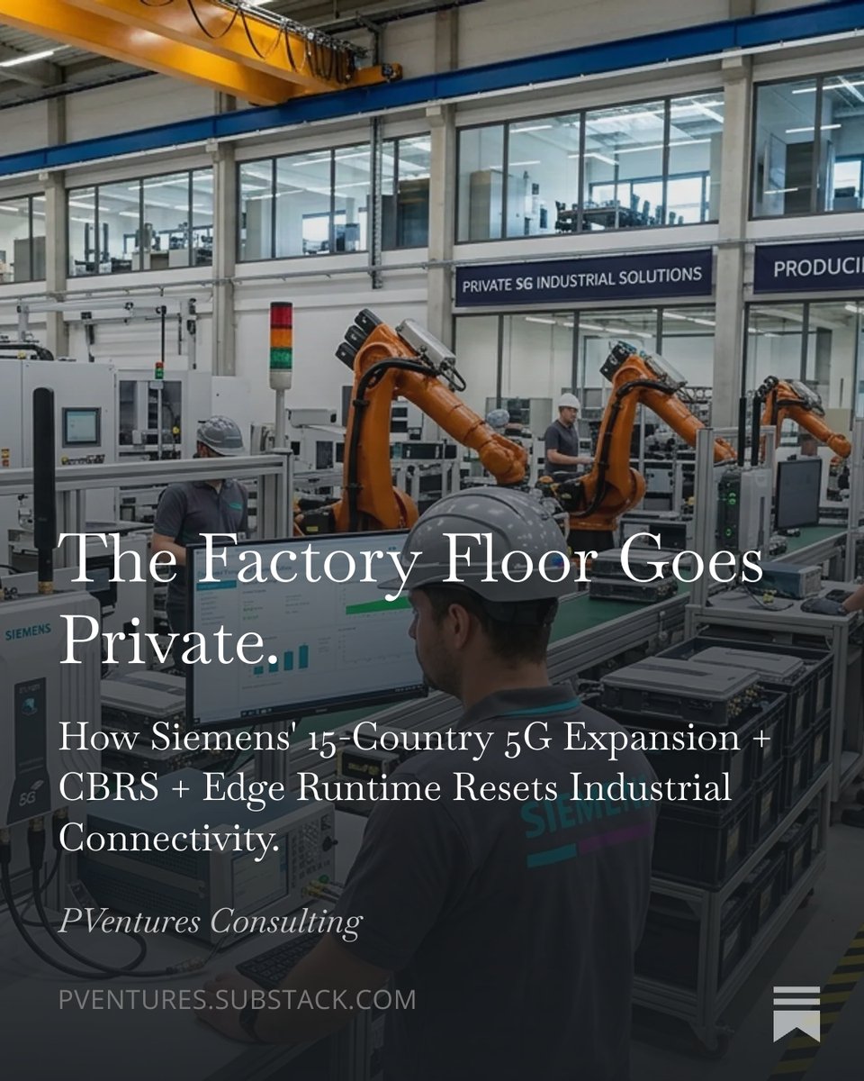 Pventures_Group's tweet photo. TechThoughts™ is LIVE!

Siemens just made industrial private 5G telco-free.

CBRS-band radio. AI inference on the 5G router. No telco contract. 15 markets. U.S. summer 2026.

Read & Subscribe here: https://t.co/63LqYRNYcM

#TechThoughts #PVentures #PrivateNetworks #CBRS #Industrial5G #EdgeAI #ManufacturingTech #Industry40