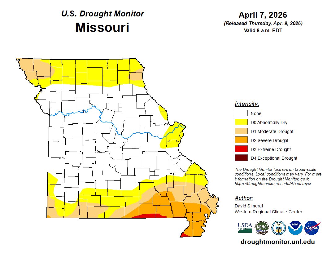 KOMUMatt's tweet image. Good News! The latest drought monitor, released today, shows massive improvement with all of mid-Missouri cleared from drought and abnormally dry conditions. 

43% of the state remains at least abnormally dry. 
20% of the state is in some kind of drought. 
#MidMoWx #MoWx #MidMo