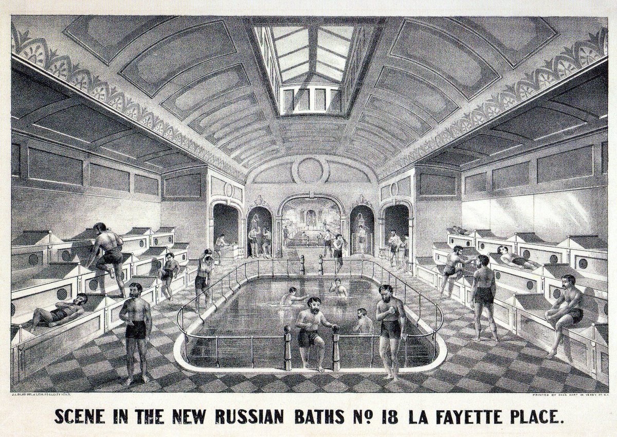 Poster by Sreya Mahsin. Inspired by an 1870s original lithograph of the Russian baths at La Fayette