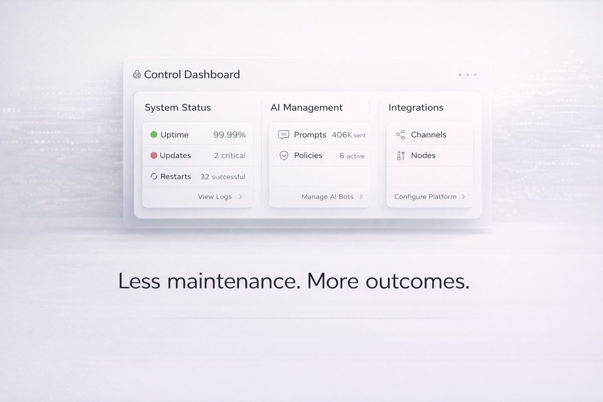 Clawpilot_app's tweet photo. The Bottleneck Usually Isn’t The Workflow—it’s The Upkeep. 🧩

Clawpilot Handles Uptime, Updates, And Restarts So Your Team Stays Focused On Prompts, Policies, And Channels Instead Of Infra Drift.

Less maintenance. More outcomes. #OpenClaw #Ops #CloudAI https://t.co/h9LoAeiAut