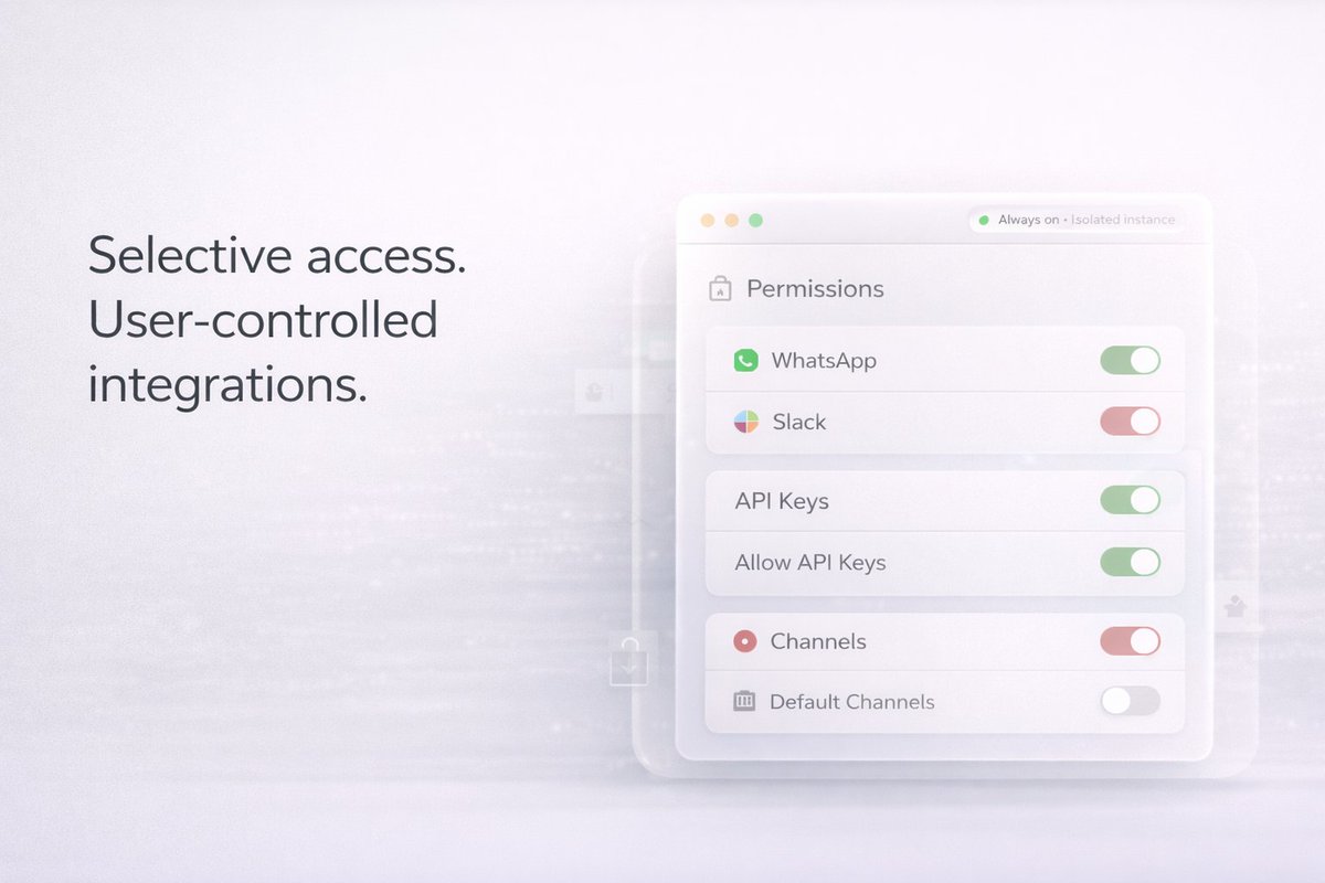 Clawpilot_app's tweet photo. Nothing Connects Unless You Allow It. ๐
Choose The Integrations, Api Keys, And Channels Your Openclaw Can Access While Clawpilot Keeps The Instance Isolated And Always On.
Private by design, usable by default. #Privacy #OpenClaw #SecureAI #CloudAutomation https://t.co/oVhBUMrJvO