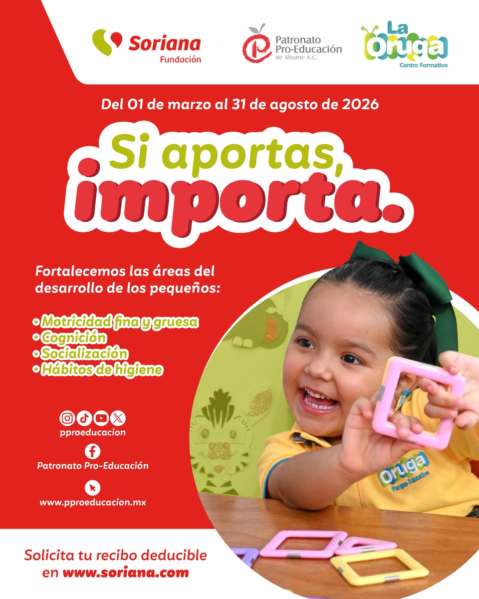 No olvides que del 1 de marzo al 31 de agosto de 2026 en todas tus compras en Soriana Los Mochis (Independencia y Rosales) podrás apoyar la operación de los 3 Parques “La Oruga”, al donar en caja tus pesos o centavos en cada compra. ❤🙌
<a href="/OrgSoriana/">Organización Soriana</a> 
#Niñez #Educación #Ahome