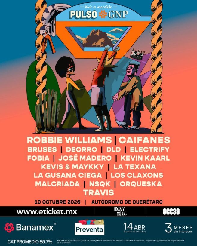 sdpnoticias's tweet photo. 🔥 Robbie Williams lidera el cartel del @PulsoGNP 2026
📍 El festival regresa el 10 de octubre al Autódromo de Querétaro, acompañado por Caifanes y The Killers.
🎶 También figuran José Madero y Kevin Kaarl.
#PulsoGNP #RobbieWilliams #Querétaro #Festivales #Música https://t.co/QKNV7l6YYH