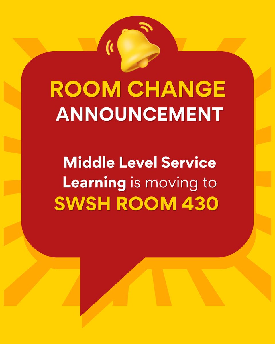 WeAreTexasDI's tweet photo. 🚨ROOM CHANGE ALERT🚨 If you are competing in Middle Level Service Learning at Lone Star Finals, your competition site has been moved to SWSH Room 430 (down the hall from your original room). ❤️🤍💙 #TXDI #LSF26 https://t.co/nYunYCX4gs