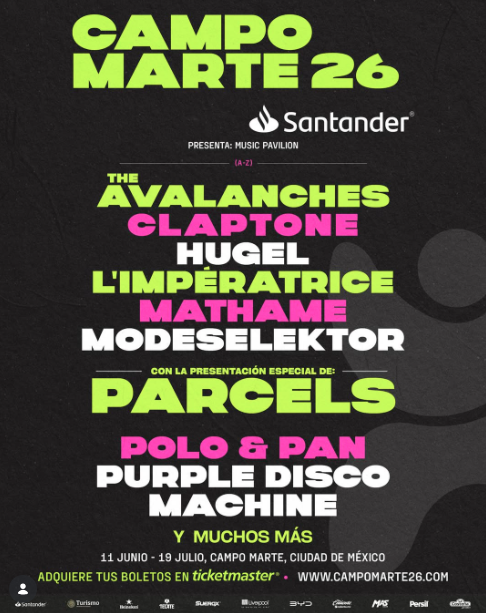 mehaceruido's tweet photo. Aprovechando el Mundial se hará el 11 de junio al 11 de julio #CampoMarte26 para ver partidos, comer y asistir a conciertos. Está confirmado @TheAvalanches @modeselektor @parcelsmusic (20 de junio) @limperatrice y nuevamente @PurpleDiscoM Preventa Santander 19 al 23 de abril https://t.co/a5lYKZ3kkT
