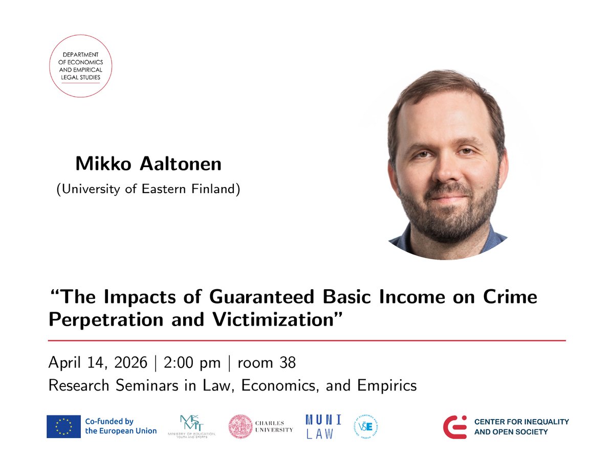 LegalDataHub's tweet photo. Příští vědecký seminář: Mikko Aaltonen (Východofinská univerzita v Joensuu).

Paper: The Impacts of Guaranteed Basic Income on Crime Perpetration and Victimization.

Úterý 14. 4. ve 14:00, rm 38 na PF UK. https://t.co/8oObnKWglw