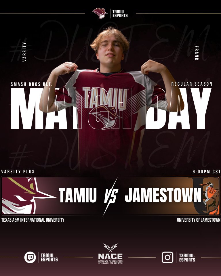 TAMIUEsports's tweet photo. 🚨MATCH DAY🚨

🎮SSBU Varsity Plus
🆚@uj_esports
⏰6:00PM CST
🎦https://t.co/wTnhy7hNsW

#DustEm | @NACEsports | #TAMIUEsports https://t.co/HE8jVsCaNQ