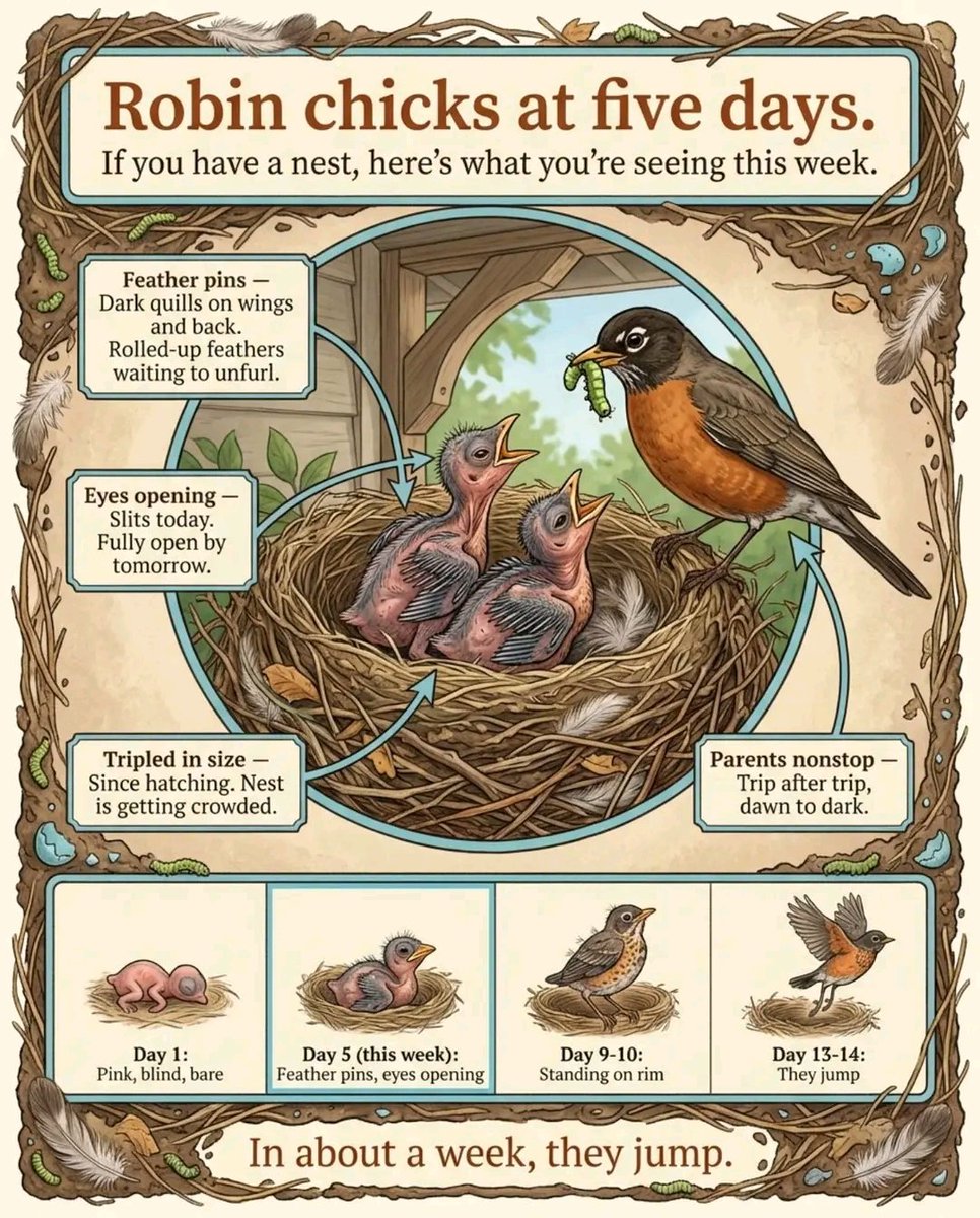 dufitalexis1's tweet image. If there's a robin nest near your front door, the chicks are about five days old right now. They don't look like they did at the start of the week.

Feather pins have broken through the skin on their wings and backs — dark quills packed tight, each one a rolled-up feather waiting