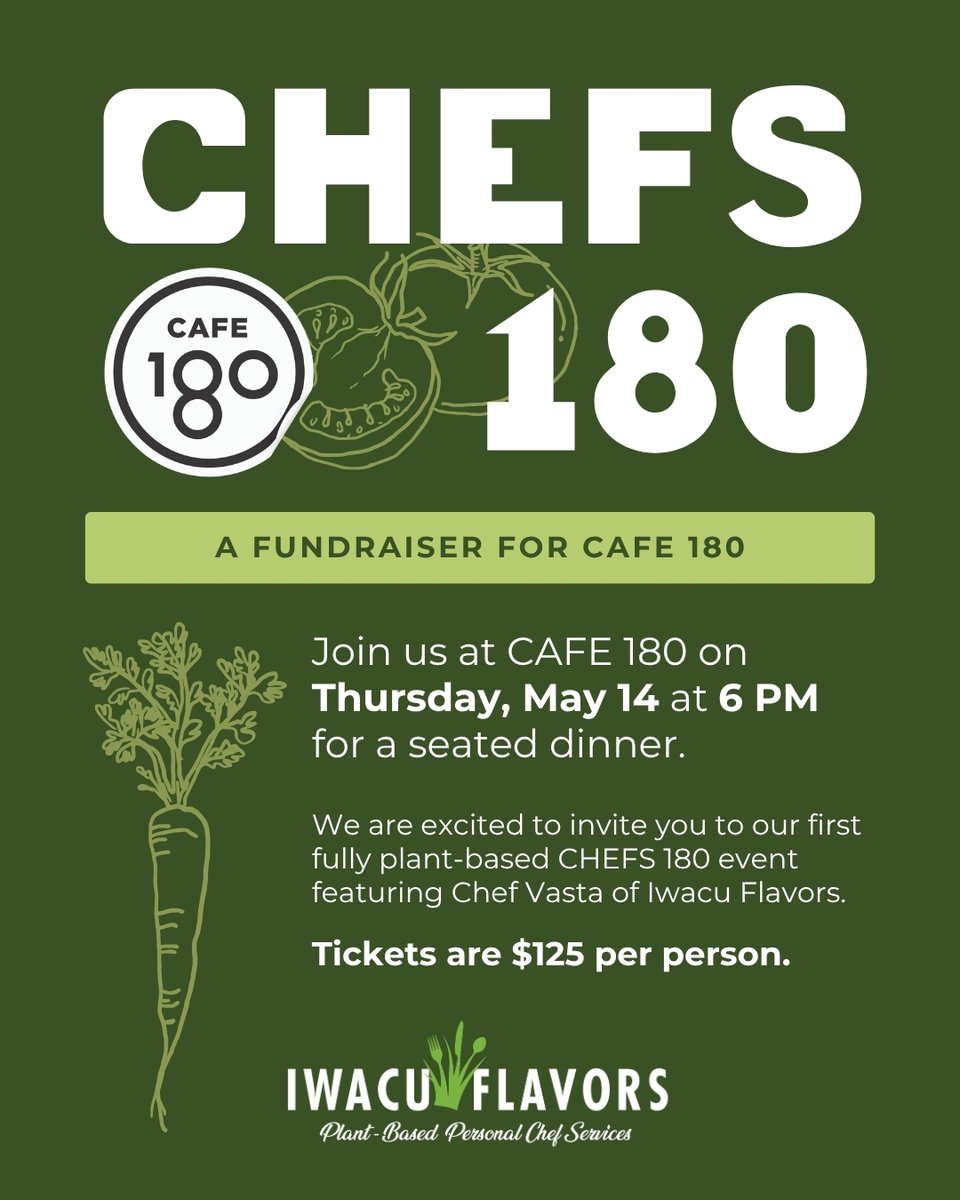Our CHEFS 180 fundraising event is back! In collaboration with Chef Vasta of @iwacuflavors, we are hosting an exclusive CHEFS 180 event. Chef Vasta will be creating unique plant-based dishes to excite your palate. zeffy.com/en-US/ticketin…