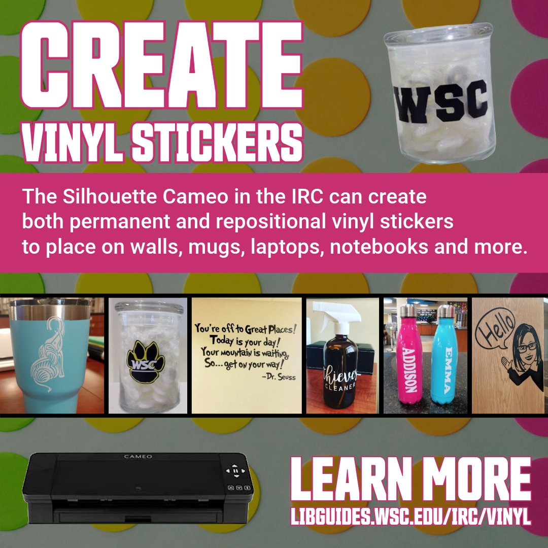 ConnLibrary's tweet image. Design your world with vinyl stickers

Create custom vinyl stickers for walls, mugs, laptops, and more using the IRC! Choose between permanent or removable options. Learn more at libguides.wsc.edu/irc/vinyl!

#DIYStickers #VinylCreations #GetCreative #WayneStateCollege