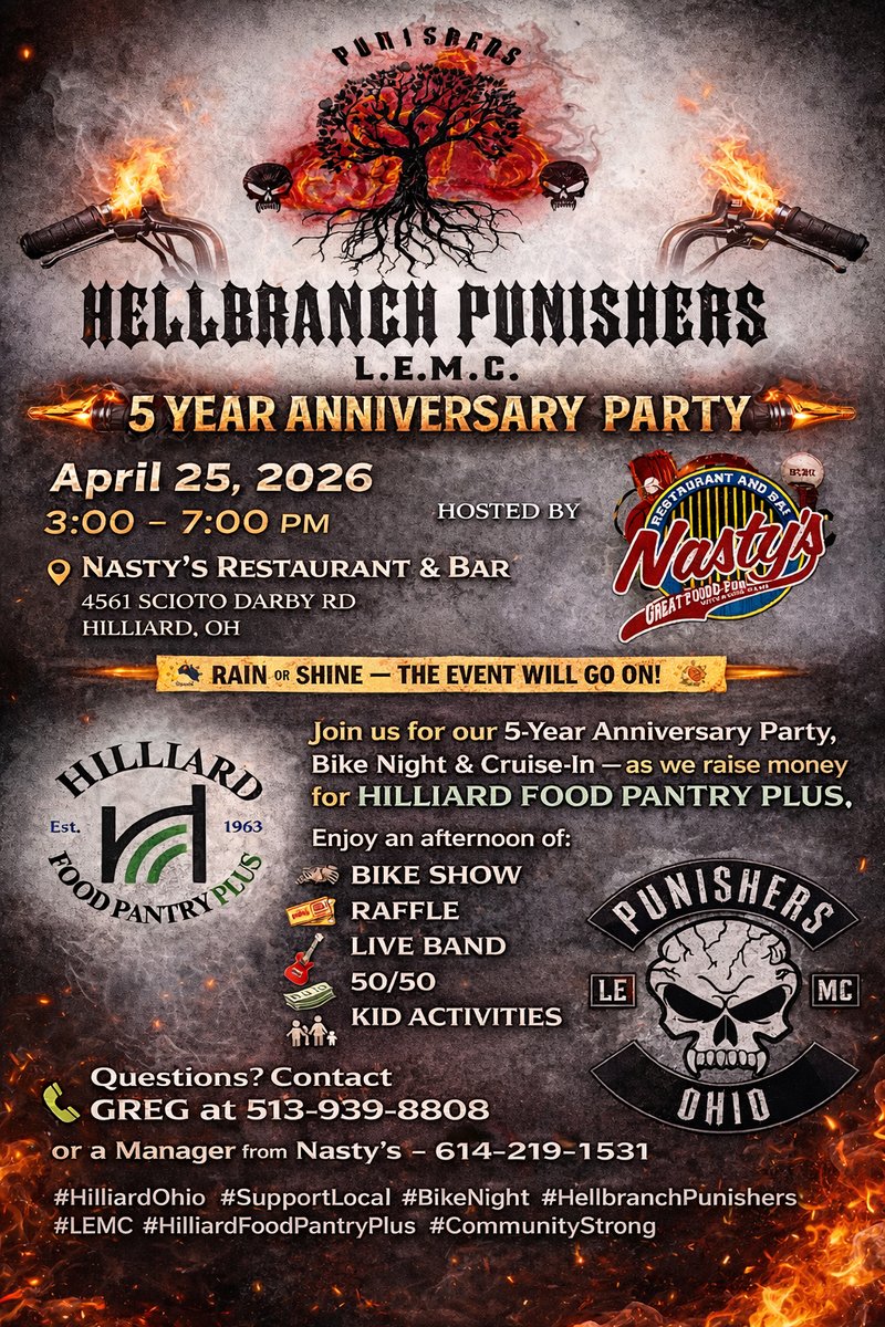 NastysSportsBar's tweet image. 🏍🔥 Bike Night + Punishers 5-Year Anniversary!

🗓 April 25th | ⏰ 3–7 PM
Pull up, grab a drink, and ride out 🍻

#BikeNight #BikeLife #Punishers #Anniversary #RideOut #Bikers #Motorcycles #Harley #TwoWheels #OhioEvents #ColumbusOhio #HilliardOhio #WeekendVibes #GoodTimes #FYP