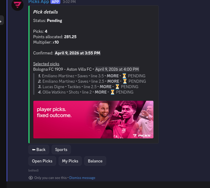 These are my picks for today's Europa League game.
As an Argentine, I fully trust my goalkeeper so betting on Dibu Martinez having a great day. Hopefully Watkins and Digne perform great as well! Try out <a href="/PicksdotApp/">Picks</a>