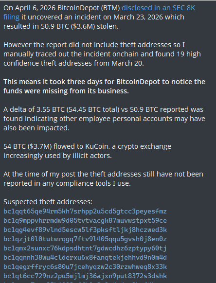 DarkWebInformer's tweet image. .@zachxbt was able to uncover the suspected theft addresses related to the Bitcoin Depot 8K that was filed yesterday.

The incident occurred on March 20–22, 2026, but BitcoinDepot didn't notice the missing funds until March 23, a three-day gap.

The company reported 50.9 BTC