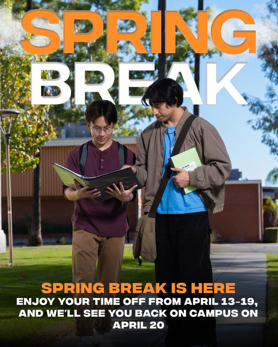 RCCIntlStudents's tweet photo. Spring Break is officially here! 🌴☀️

It’s time to close the laptops, put down the notebooks, and recharge. From April 13th to the 19th, the campus is all yours to miss while you go out and explore the best spots Riverside has to offer! 🐯✨ https://t.co/d6lOOXz0TW