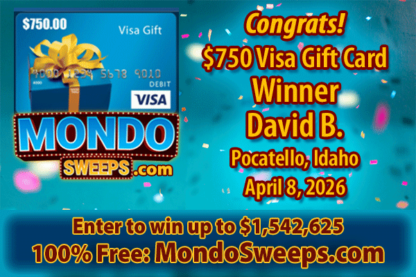 MondoSweeps's tweet photo. 🥳Mondo Congrats to David B. of Pocatello, Idaho, on #winning the $750 Visa Gift Card #Sweesptakes on April 8, 2026!🎁🏆

✔️Enter to WIN up to $1,542,625 with MondoSweeps: https://t.co/osCsI3ChLM
🆓 100% Free https://t.co/NIE3Yf5Z5g