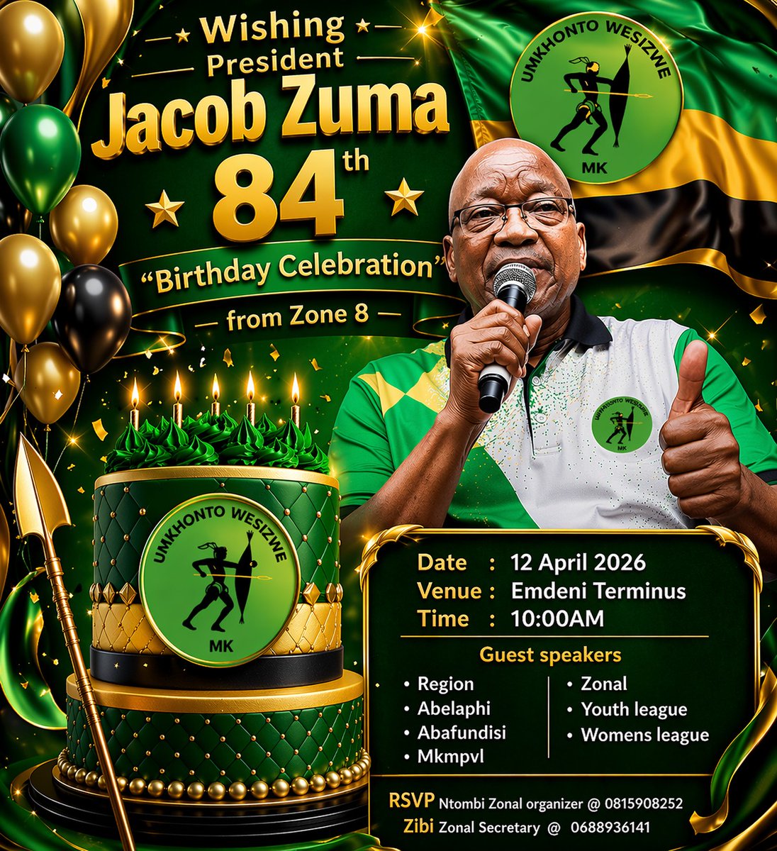 CadreNguyi's tweet image. #MK Party in Greater Joburg Region, Zone 8 Wishing President JG #Zuma 84th Birthday Celebration:

▪️DATE:     12 April 2024
▪️VENUE:  Emdeni Terminus
▪️TIME:     10:00am
#WozaLGE #VoteMKP #GwazaMkhontoGwaza 💚🖤