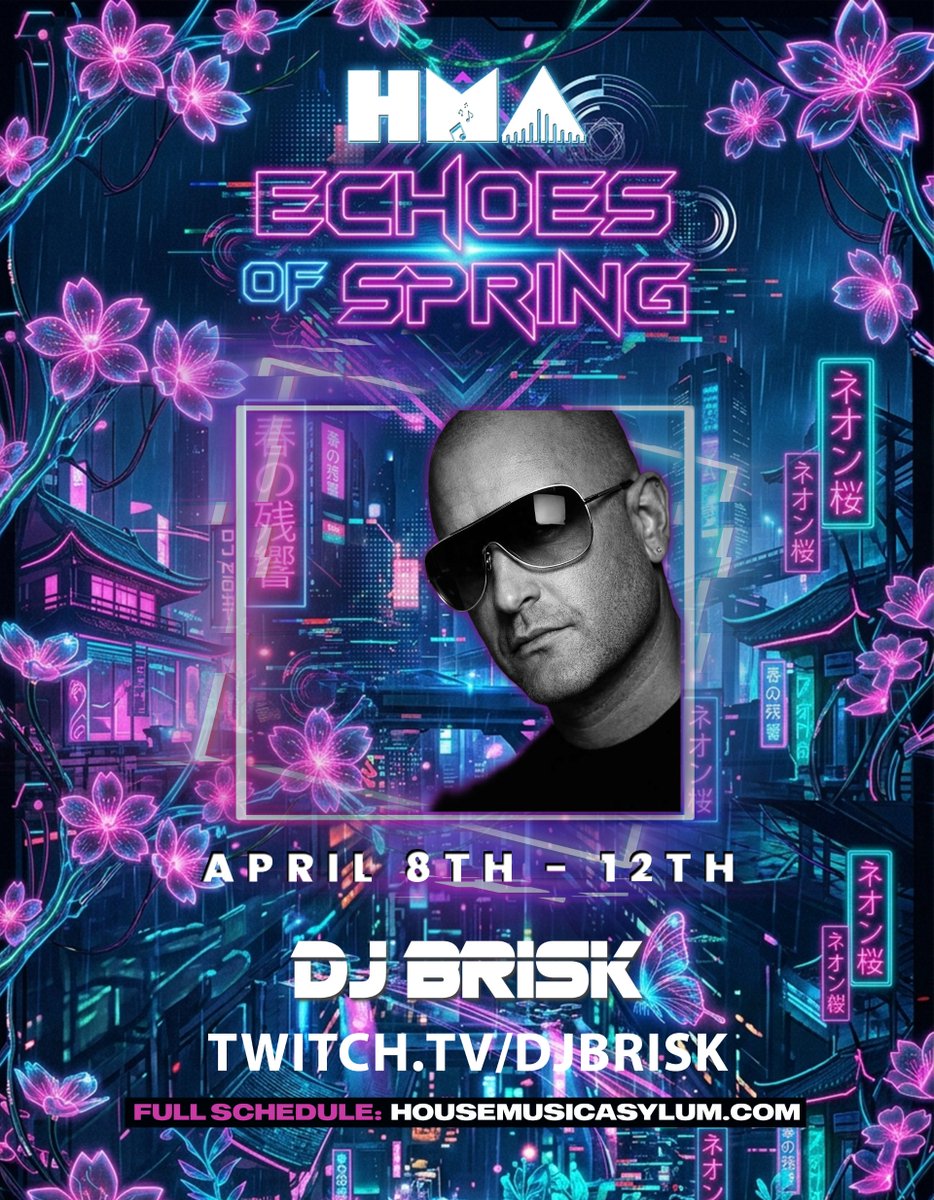 thedjbrisk's tweet image. Catch me spinning #Techno, #Trance and #Hard House beats live this Saturday, 11th April 2026, at 3pm (Brisbane, AEST) // 06:00 London (BST) // 01:00 New York (EDT) // Los Angeles 22:00 (PDT) for House Music Asylum's Echoes of Spring Festival, exclusively on #Twitch