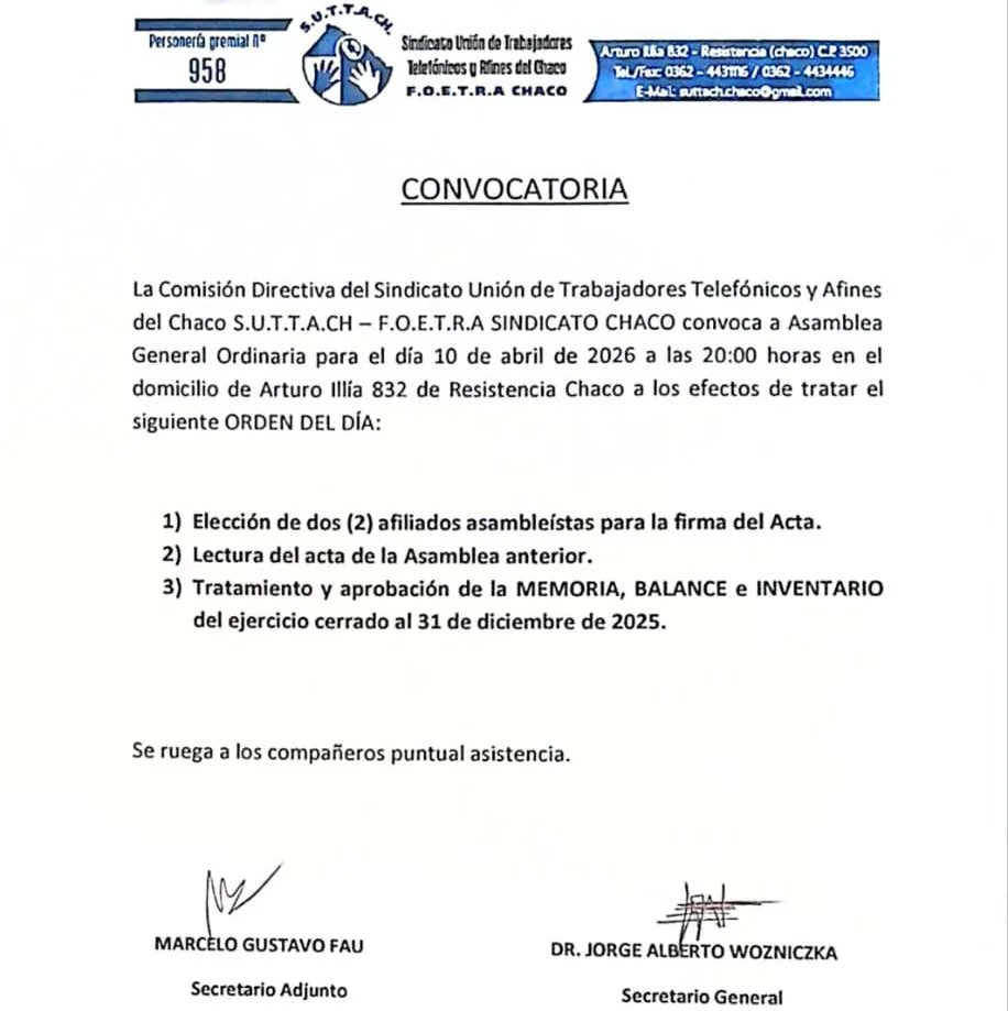 Asamblea General Ordinaria | Convocamos a todas las compañeras y compañeros a la Asamblea que se desarrollará el viernes 10 de Abril a las 20 hs. en las instalaciones del Sindicato (Illia 832) . Los esperamos!!!!