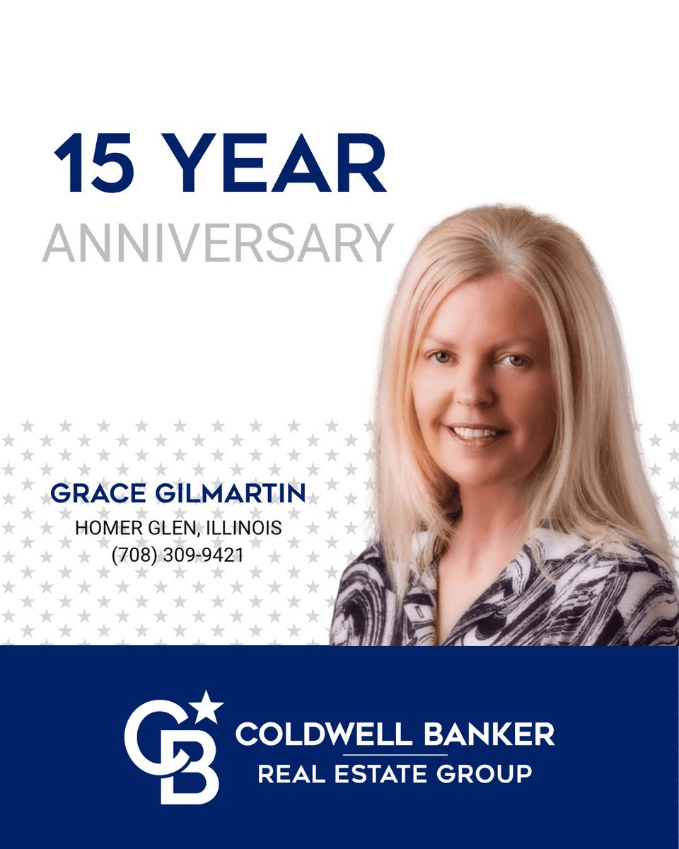 Today we congratulate real estate agent, Grace Gilmartin, of the Homer Glen, Illinois office for her 15 years with our company. We are so proud to have Grace as part of the Coldwell Banker Real Estate Group family.  #TheBestWearBlue