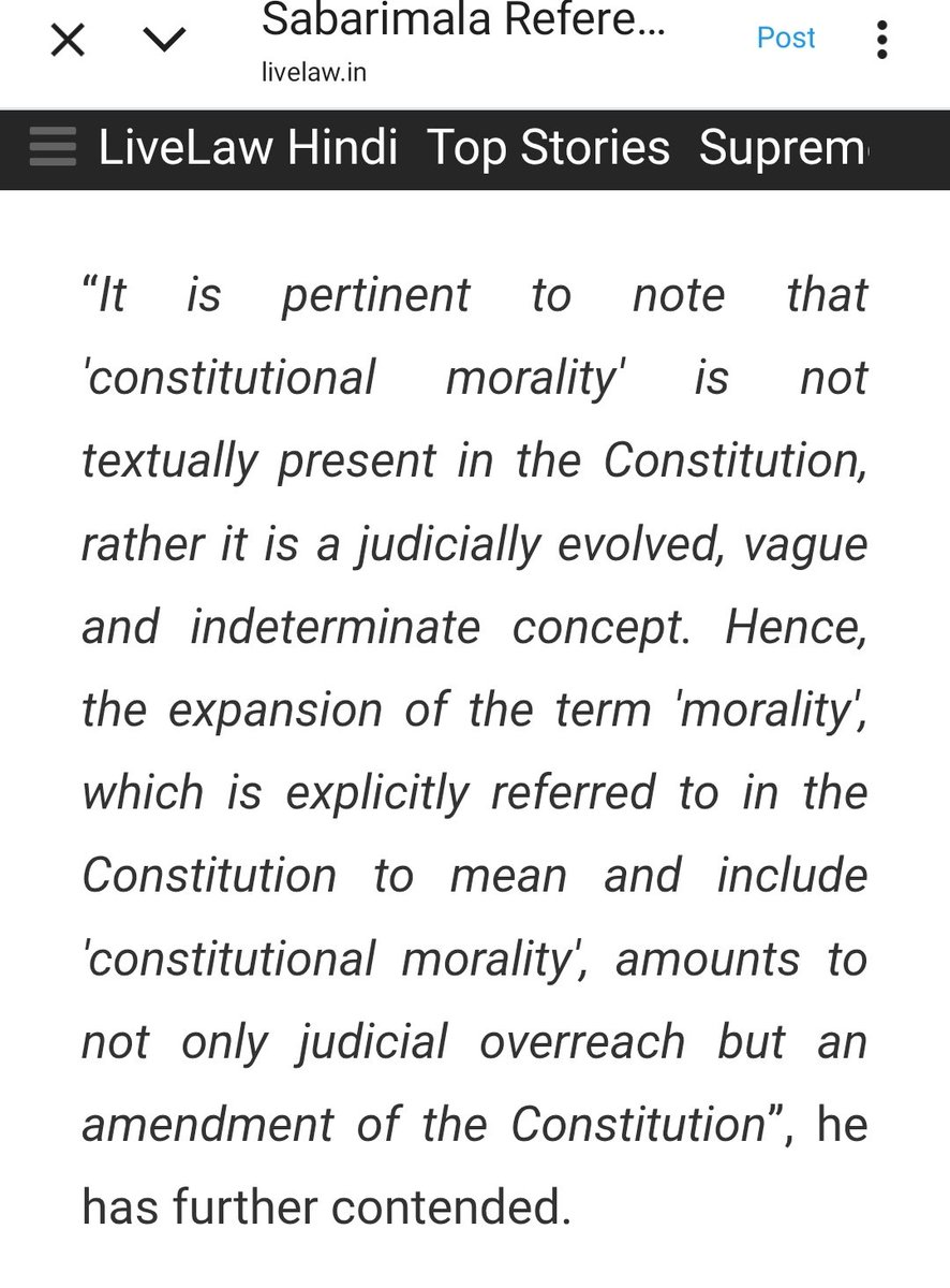 manojvani's tweet photo. The Centre's submission before the 9 judge Constitution Bench (during hearings on religious freedom petitions including #Sabarimala) will have no impact on the outcome of the Supreme Court's 2018 rulings on #Adultery (Joseph Shine case) and #SameSex consensual relationships (Navtej Singh Johar case). Because, the Centre is only challenging the method the Court used in 2018, particularly the "constitutional morality" doctrine, not the actual results. It argues that the 2018 judgments relied heavily on a vague/subjective concept of "constitutional morality" (as opposed to societal/majoritarian morality), which cannot override majority will in a democracy. It also criticises excessive reliance on foreign academic sources and what it sees as judicial overreach into areas better left to Parliament. The Centre is neither asking the Court to restore the criminal law nor objecting to the striking down of the laws on grounds of discrimination/arbitrariness under Articles 14, 15, and 21. The law as it stands today is safe. Adultery remains a purely civil/matrimonial issue: a valid ground for divorce, cruelty claims, maintenance, or custody disputes, with no criminal liability (no FIR, no jail, no fine under IPC/BNS for consensual extramarital sex).

"Not Good Law" is a legal phrase indicating that a previous court judgment (or part of it) is flawed or unreliable as precedent and should not be relied upon in future cases. It does not erase the original outcome. It signals that the reasoning and principles are problematic and should be treated as overruled for guiding future decisions. If the 9-judge bench declares the reasoning in Joseph Shine (Sec 497) and Navtej Singh Johar (Sec 377) (or parts of them) "not good law," future cases cannot cite their constitutional morality reasoning as binding authority. But the law as it stands today remains intact unless a future bench or Parliament explicitly revisits it. This is common practice when larger Constitution benches want to clarify or restrict expansive interpretations from earlier cases without fully reversing them.

A larger 9-judge bench has the power to re-examine and correct the doctrinal parts of earlier 5-judge judgments. It is actively doing so now so that future courts will use new principles by giving more weight to legislative intent, societal morality, and judicial restraint.
