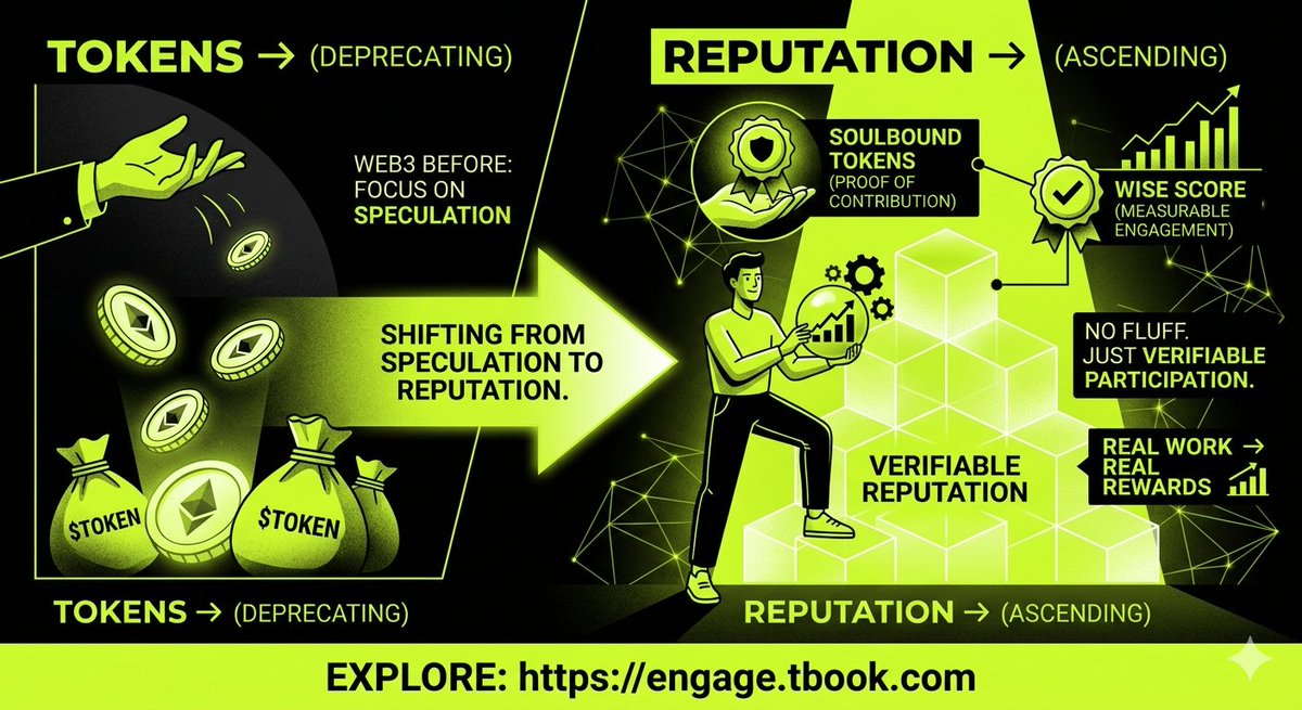 dewi35371's tweet photo. Web3 is shifting from tokens → to reputation

@realtbook is leading that move with
• Soulbound Tokens (proof of contribution)
• WISE Score (measurable engagement)

No fluff. Just verifiable participation.

Real work → real rewards 📊

Explore: https://t.co/IAEYjojFpw https://t.co/wBPS5OSIhW