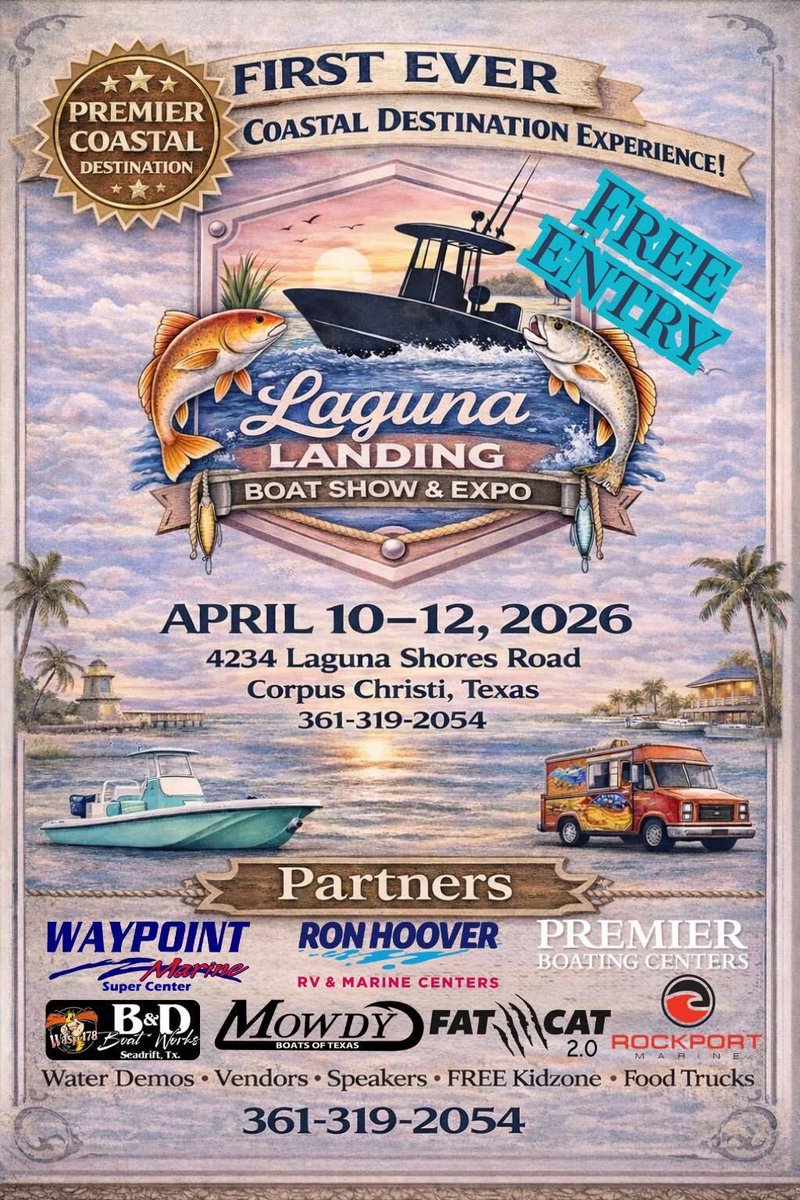 CalendarCC's tweet photo. 🚤 Laguna Landing Boat Show & Expo ⚓️

The first-ever Laguna Landing Boat Show & Expo is taking over the island for a full weekend of coastal fun! Check out boats in and out of the water, live demos, fishing gear vendors, expert speakers, food trucks, and a FREE kids zone. 

BOAT SHOW & EXPO ➡️ https://t.co/VhtJGta3Hw 

#ccevents #boatshow #corpuschristi