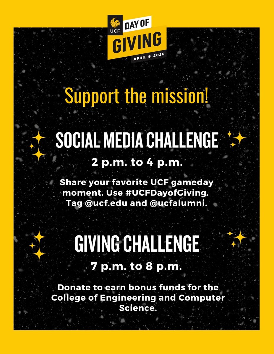 Our first #UCFDayofGiving challenge is going on right now!

Share your favorite UCF Game Day photo. Use the #UCFDayofGiving hashtag and tag @ucf and @ucfalumni. You could win $1,000 for your favorite fund!

CECS alumni, your time to shine is in a few hours!