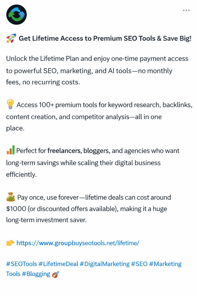 SeoCoupons's tweet image. 🚀 Get Lifetime Access to Premium SEO Tools &amp;amp; Save Big!

Unlock the Lifetime Plan and enjoy one-time payment access to powerful SEO, marketing, and 
 
👉 groupbuyseotools.net/lifetime/

#SEOTools #LifetimeDeal #DigitalMarketing #SEO #MarketingTools #Blogging 🚀