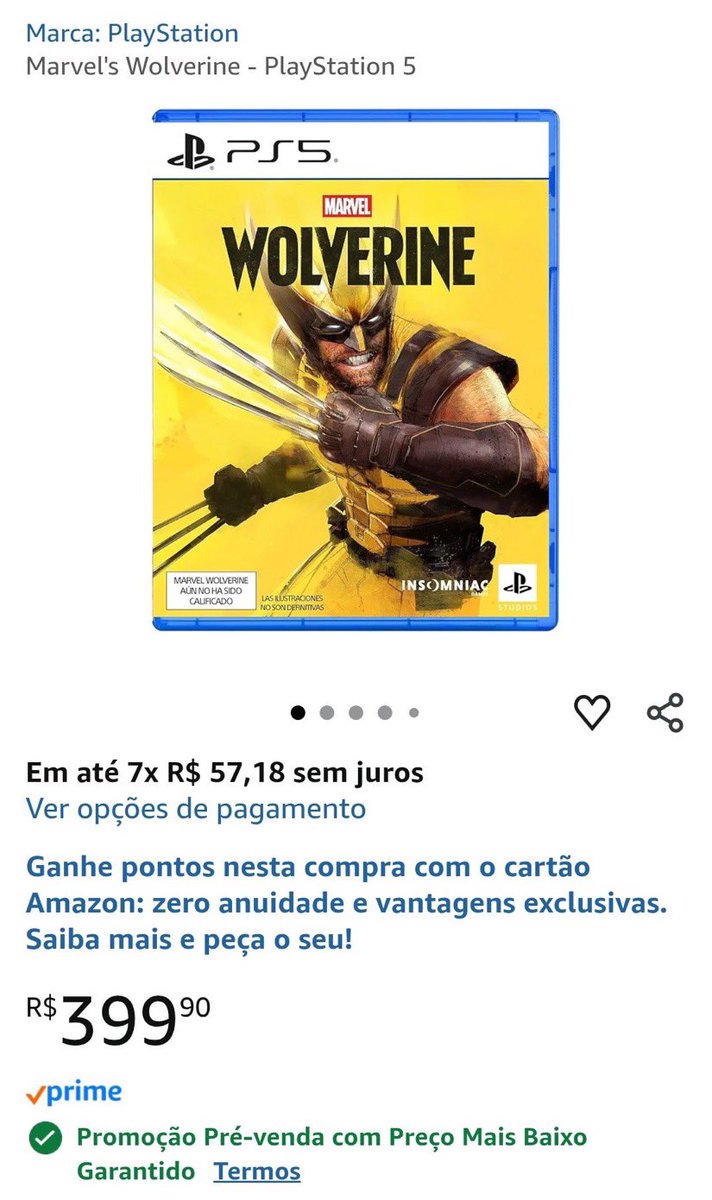 respawnindex's tweet photo. Amazon Brazil is now taking pre-orders for Insomniac's Wolverine. https://t.co/W6OqrfS4FT