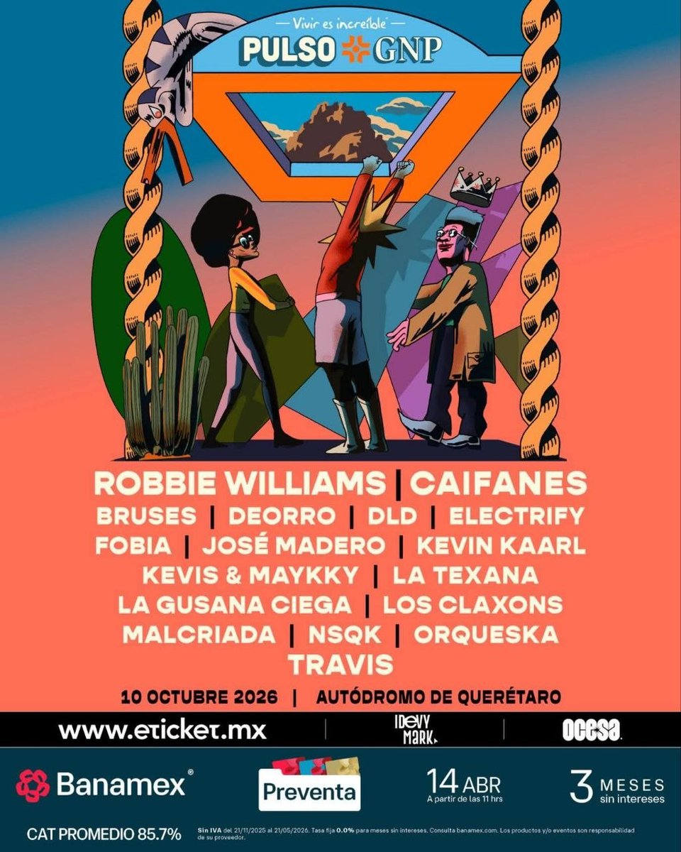 codice_informa's tweet photo. 🚨 Revelan el flyer de uno de los festivales más grandes del estado: #PulsoGNP, con artistas como #RobbieWilliams, #Caifanes y #NSQK, entre otros.
📍 10 de octubre de 2026
📍 Autódromo de Querétaro
🎧 Más de 12 horas de música continua
#Querétaro #Festivales https://t.co/fOkVKqWiz0