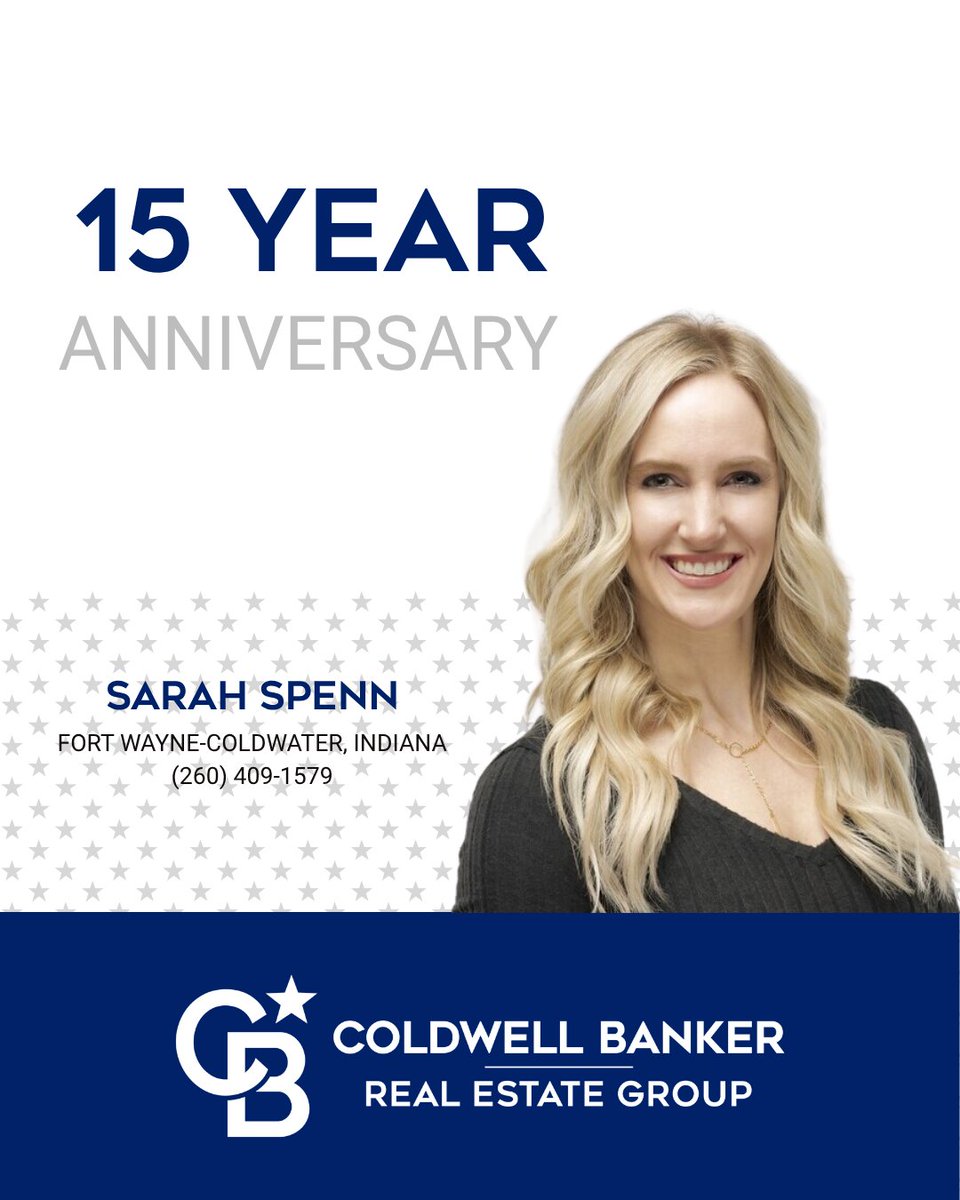 Today we congratulate real estate agent, Sarah Spenn, of the Fort Wayne-Coldwater, Indiana office for her 15 years with our company. We are so proud to have Sarah as part of the Coldwell Banker Real Estate Group family.  #TheBestWearBlue