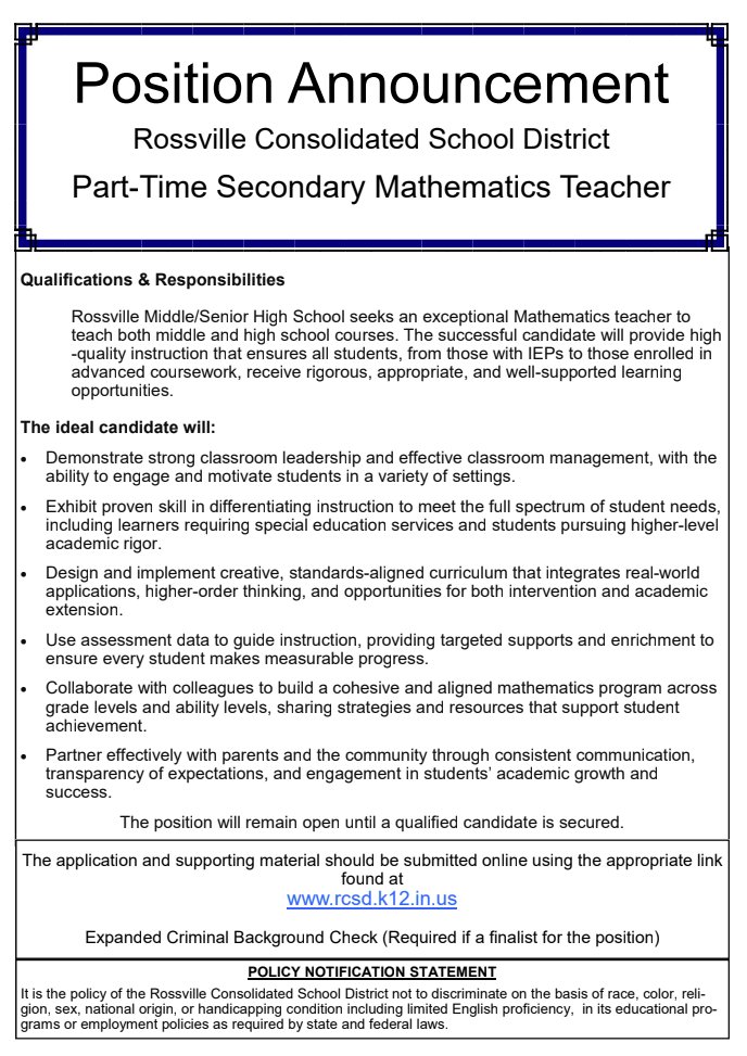 DustinShadbolt's tweet photo. We have an opening for a Part-Time Secondary Mathematics Teacher here at
@RossvilleSchool! Come work with us!  Visit https://t.co/OUvLsWchJ0 for more information! https://t.co/VWHfPFaAha