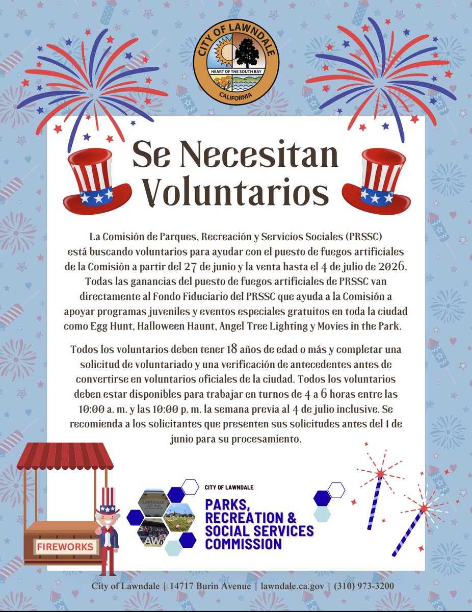 Hello Lawndale! Volunteers are needed this summer for the PRSSC's firework stand! Join the fun at our fireworks stand and help support local youth programs! 💥

Sign up today!