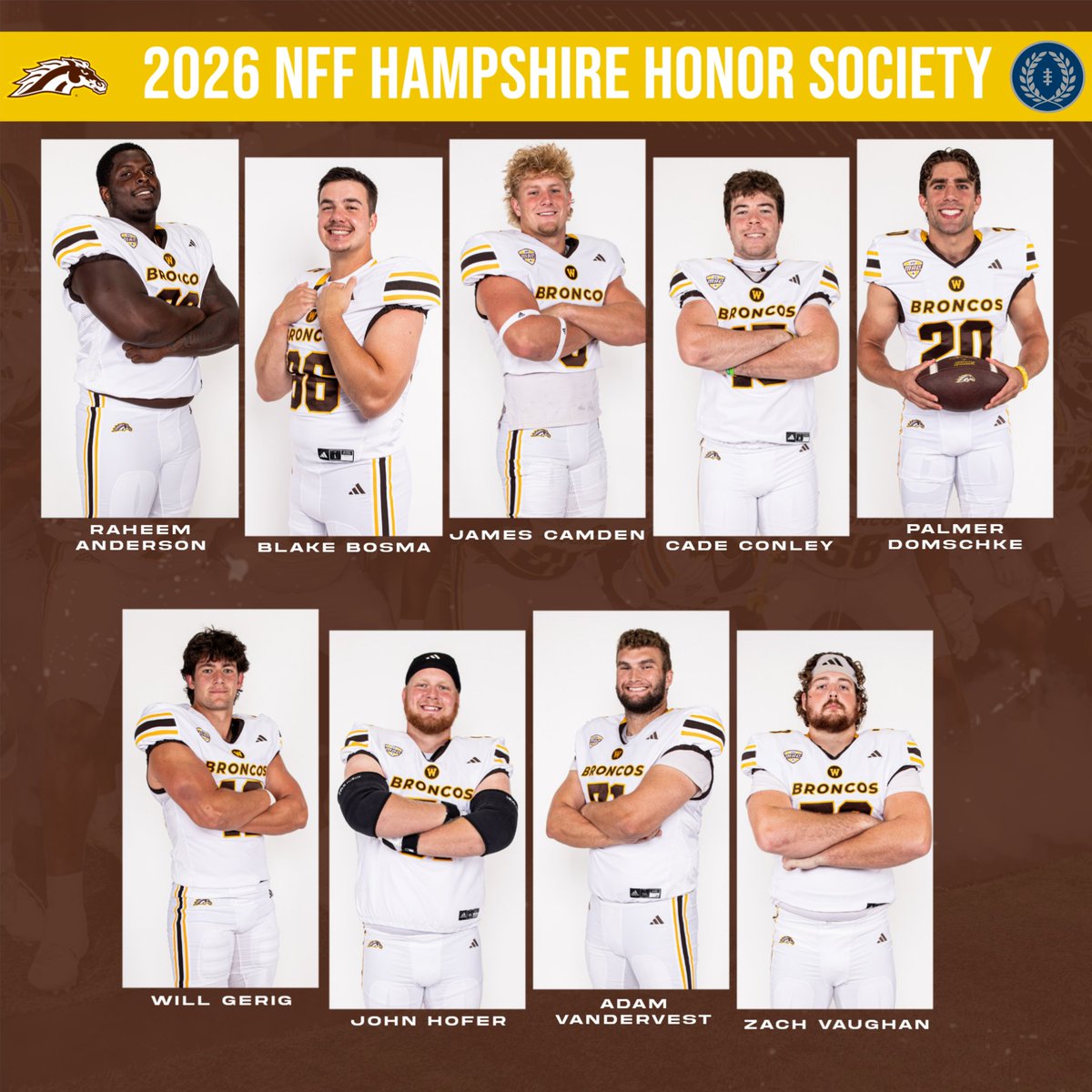 WMU_Football's tweet image. Congratulations to our nine #STUDENTathletes on earning @NFFNetwork Hampshire Honor Society accolades!

🔗 wmubroncos.com/news/2026/4/9/…