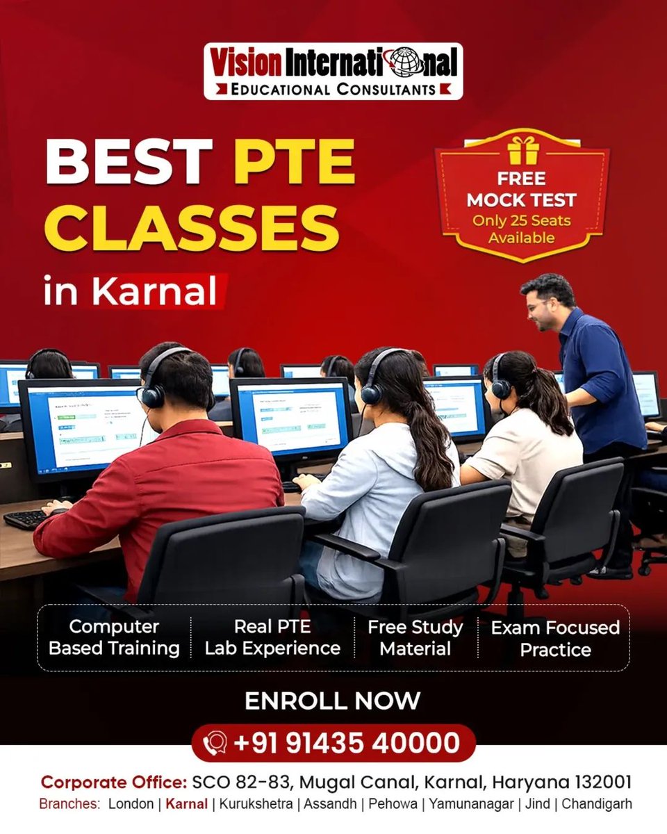 vieckarnal's tweet photo. Master the PTE Academic and achieve your dream score with the experts! 🎓✨
Vision International offers the best PTE coaching in Karnal, featuring high-tech lab experiences and exam-focused training to help you succeed.
#PTEClasses #StudyVisaConsultants https://t.co/Dmj3UuWR3h