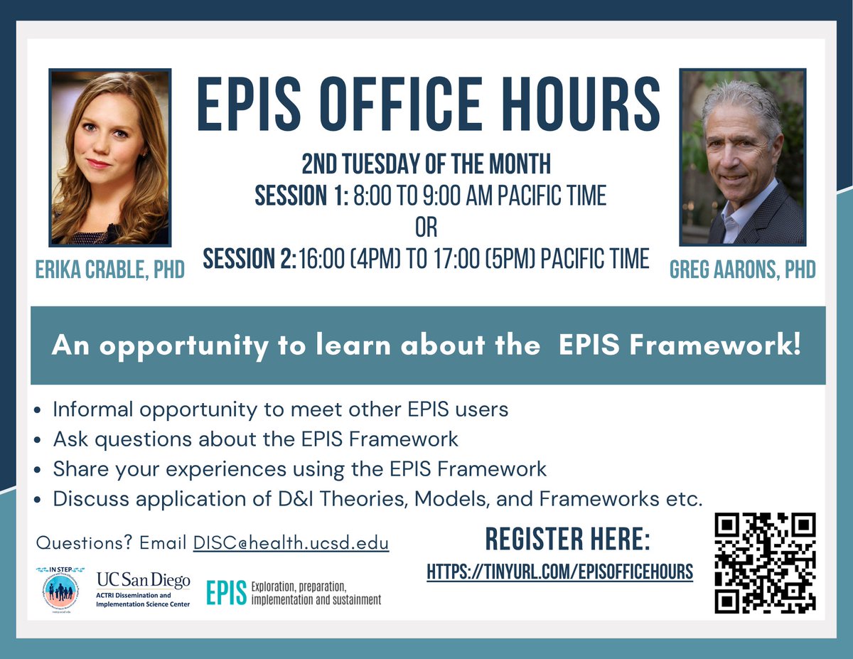 ImpSciUCSD's tweet image. 📢 Join us on April 14th for our EPIS Office Hours! Drop by to ask Dr. Greg Aarons questions, hear from other EPIS users, and discuss applications of the #EPISFramework #impsci.

Register for either session here👇:
tinyurl.com/EPISOfficeHours