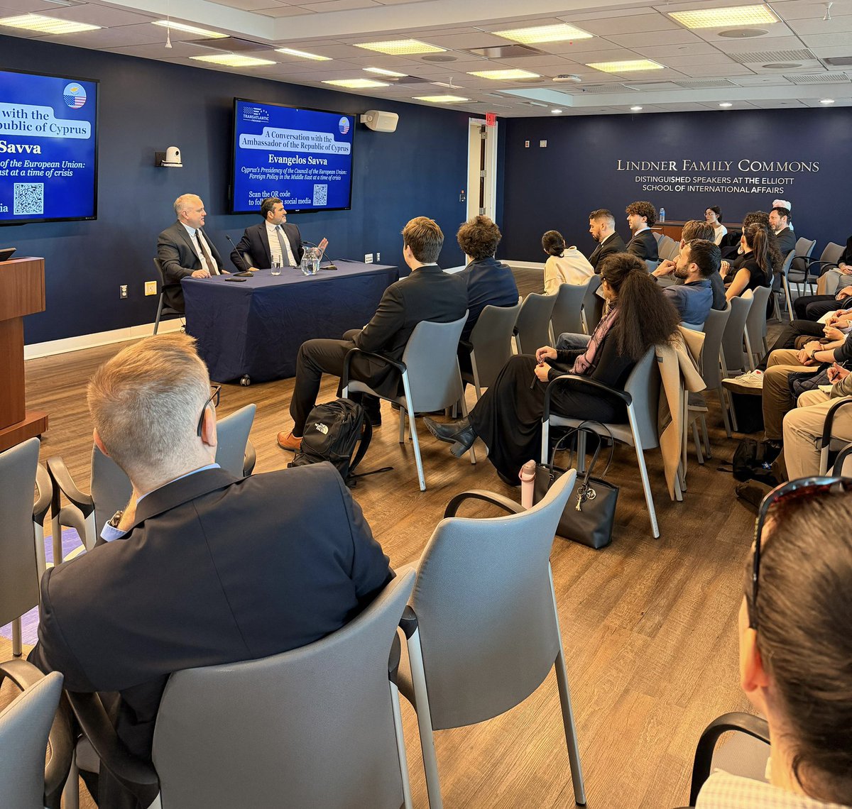 ecsavva's tweet photo. Happy to have engaged today with the @ElliottSchoolGW and its students for a very timely conversation on Middle East geopolitics and the role of 🇨🇾, currently leading the Councill of the 🇪🇺, in view of our geographical position and regional relationships / foreign policy focus. https://t.co/P5Yda0E3zK