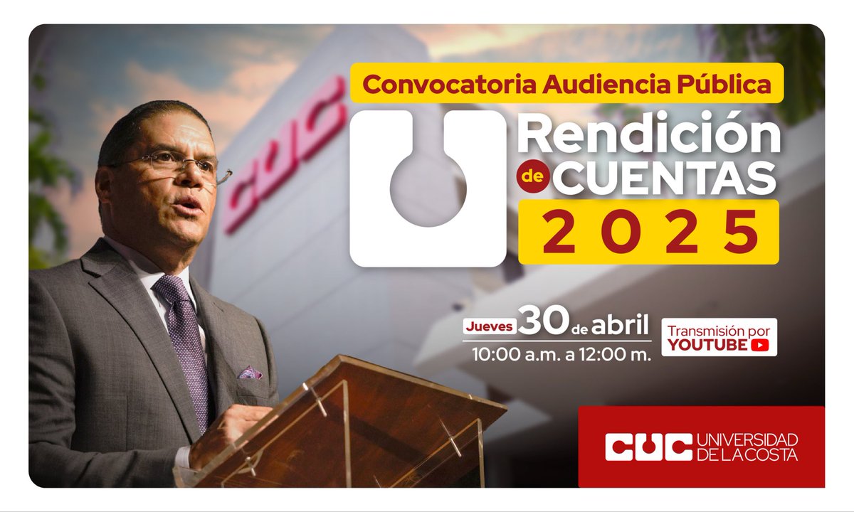 UniCostaCOL's tweet photo. La Secretaría General tiene el gusto de invitarte a nuestra Rendición de Cuentas Institucional, este jueves 30 de abril. Conéctate y conoce los logros, avances y retos que marcaron el camino de nuestra universidad durante la vigencia 2025.

¡Prográmate y acompáñanos! 🙌 https://t.co/qToCADaKA3