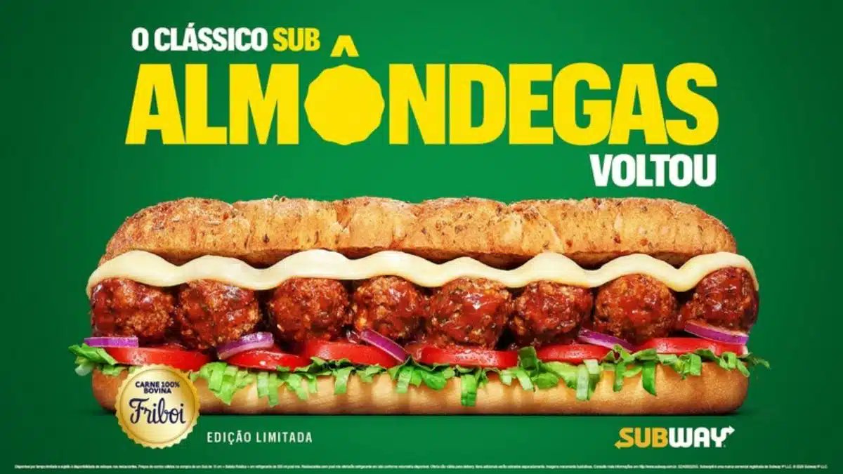Reforçando sua nova assinatura “Escolha o que te faz bem”, Subway anuncia o retorno do icônico Sub Almôndega, com selo Friboi, e a chegada do inédito Cookie recheado com brigadeiro artesanal, em parceria com a Nestlé.

O produto apresenta uma nova receita que utiliza almôndegas