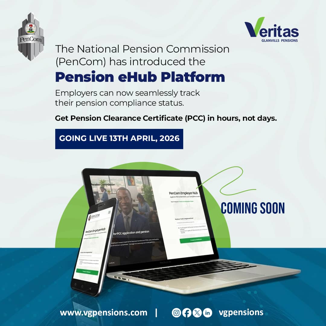 vgpensions1's tweet photo. Something big is coming… 🚀

The National Pension Commission (PenCom) @PenComNig is set to launch the Pension eHub Platform on April 13th!

Get ready for a faster, smarter way to track pension compliance and obtain your Pension Clearance Certificate (PCC) in hours—not days.

Stay tuned—compliance just got easier.

#PenCom #vgpensions #PensionCompliance #EaseOfDoingBusiness #DigitalTransformation #PensionReform #NigeriaBusiness
