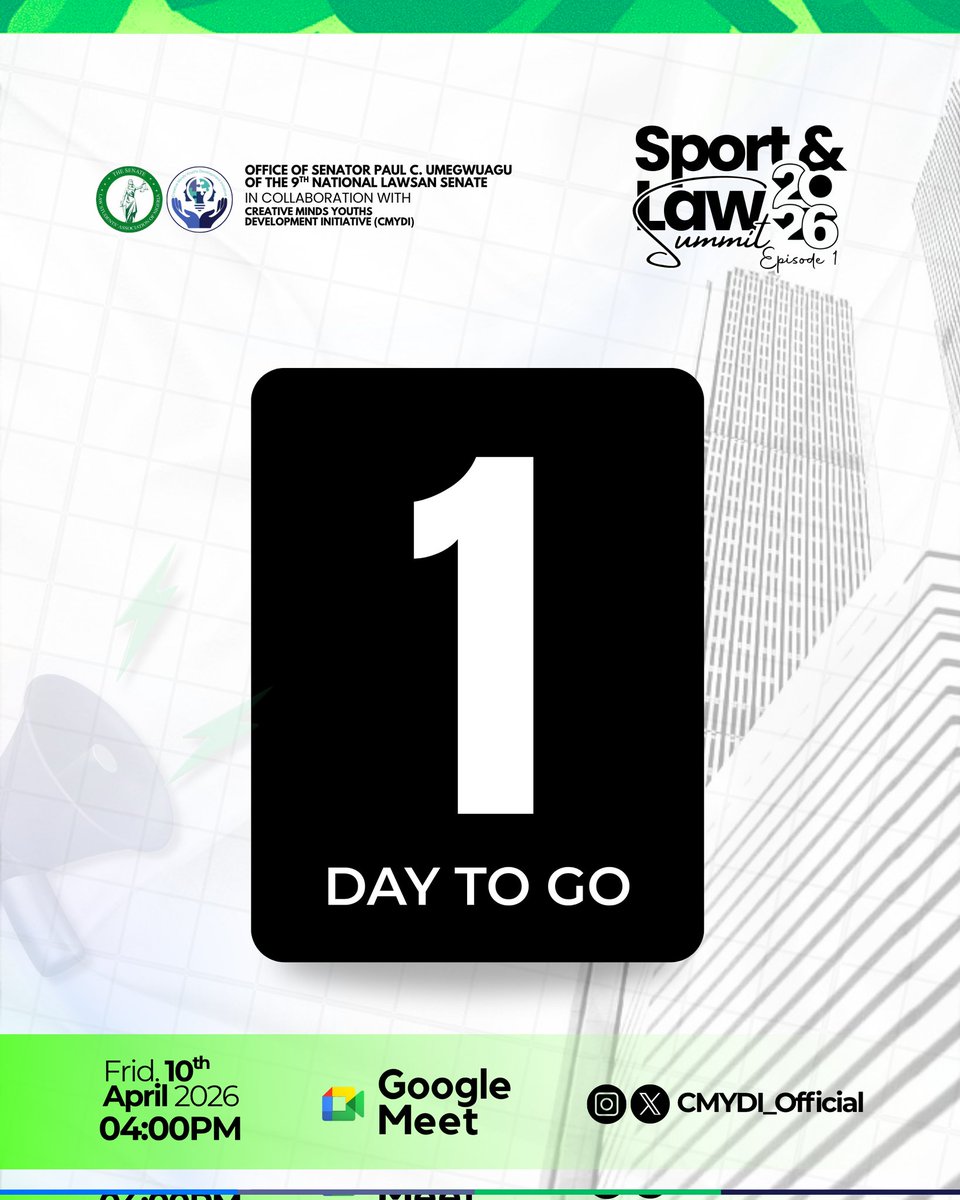 CMYDI_Official's tweet photo. ⚽⚖️ Sport &amp; Law Summit 2026 – Ep 1

1 DAY TO GO! 🔥

Theme: The Legal Game  
Topic: Building a Sport Law Career
Convener/Host: Umegwuagu C. Paul @Pauldalaw

Speaker: Israel Adedeji-Ajoje @israel_ajoje

Tomorrow: Fri 10 Apr | 4PM | Google Meet

DM @CMYDI_Official

#SLS26 #CMYDI https://t.co/lCjKaAzcgy
