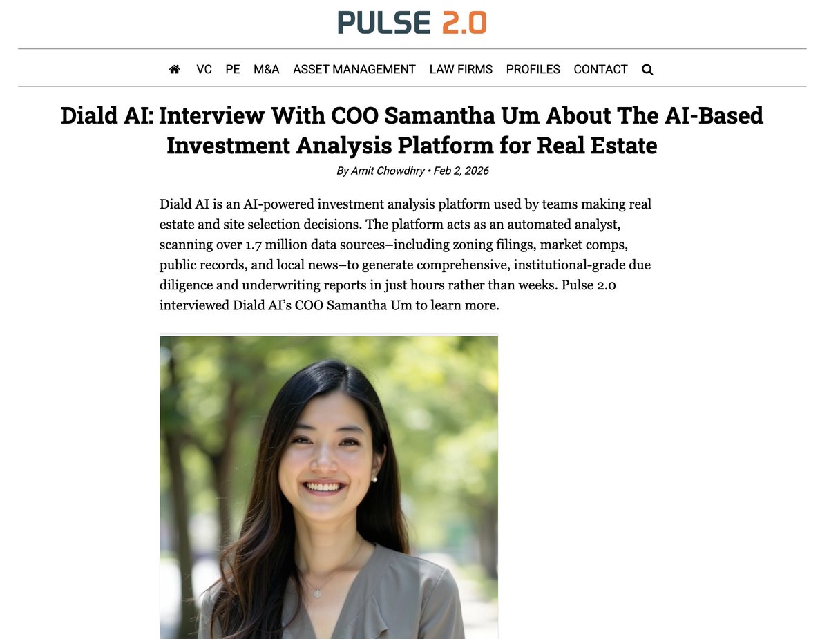 Diald_ai's tweet photo. https://t.co/jyNBVoQEIB featured in Pulse 2.0.

Our COO Samantha Um shares:

How Diald started
How it’s evolving
And what’s next ...

Real estate analysis is becoming faster—and more accessible.

Read more:
https://t.co/vcePneBkNH

#CRE #PropTech #AI https://t.co/PcxIhKqnvx