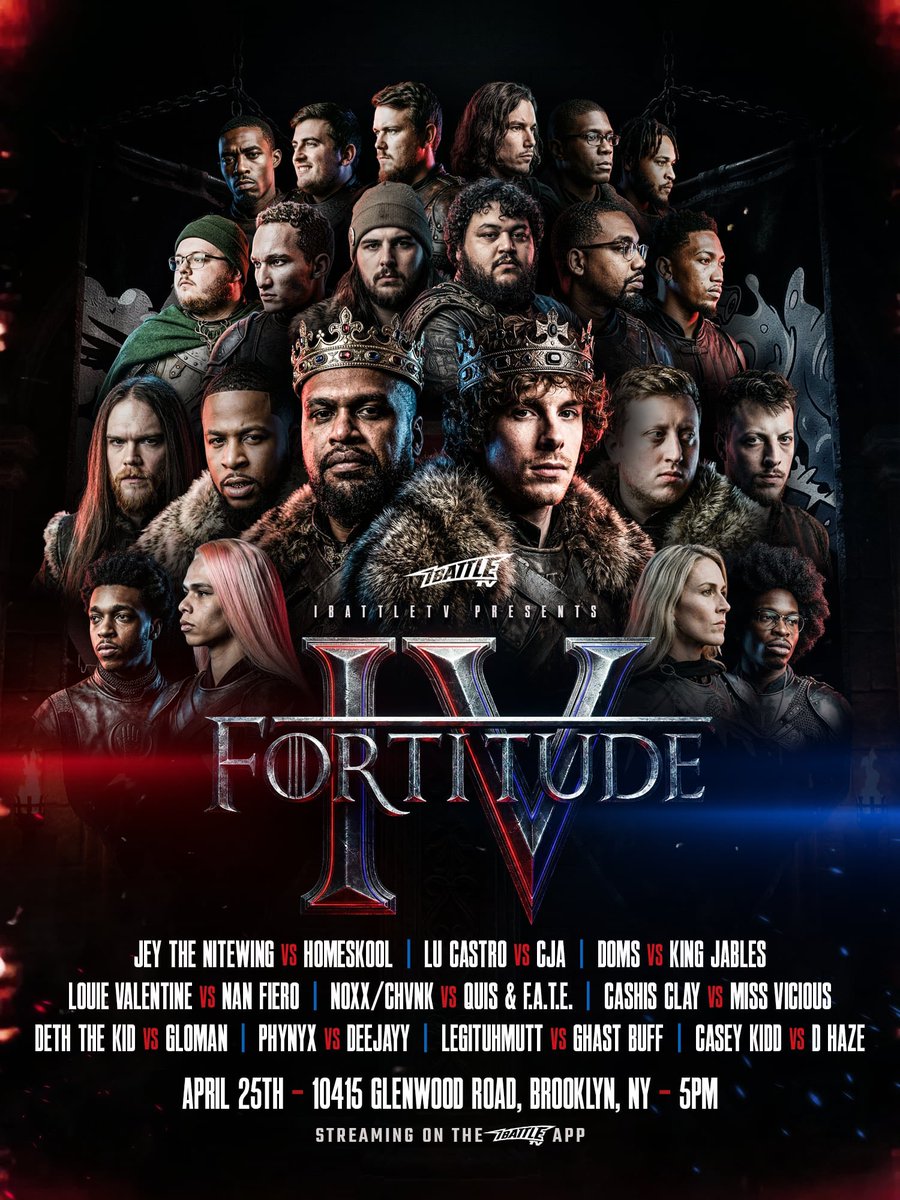 iBattlePromo's tweet photo. ***TWO WEEKS AWAY***

April 25th #FORTITUDE
Brooklyn, New York

JEY THE NITEWING vs HOMESKOOL
LU CASTRO vs CJA
DOMS vs KING JABLES 
LOUIE VALENTINE vs NAN FIERO
NOXX/CHVNK vs QUIS/FATE
&amp; MORE

Streaming only on the iBattleTV app!
Tickets available on the iBattleTV Eventbrite! https://t.co/RW17pyVJRz