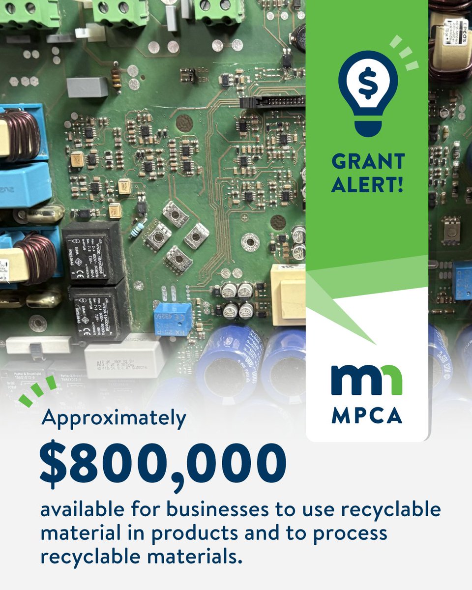 MnPCA's tweet photo. New grant available! The MPCA is offering approximately $800,000 to help businesses, nonprofits, schools, and local governments with projects that use recyclable materials or process recyclable materials. Applications are due May 26. More here: https://t.co/FssrpmPx4F https://t.co/DsqdZJPqOs